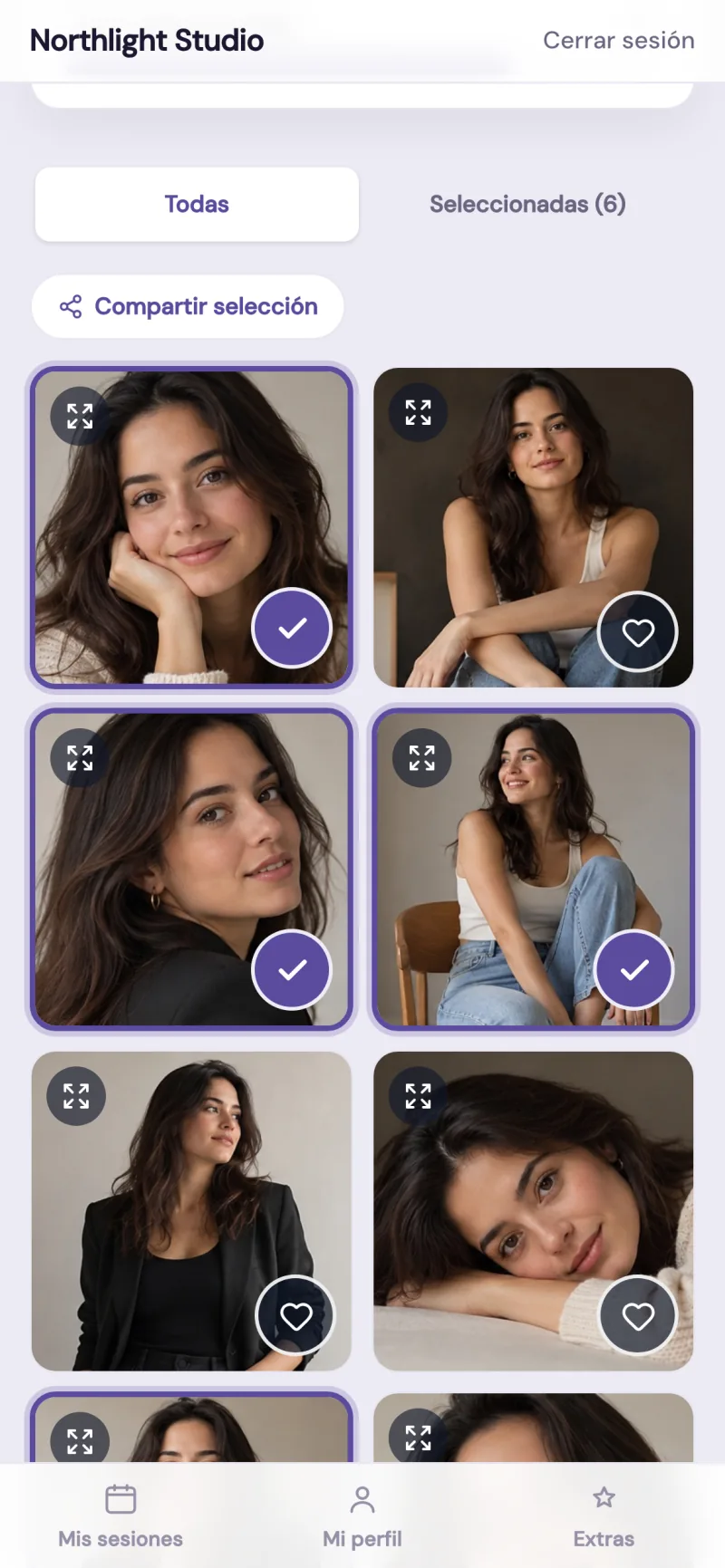 Portal del cliente en el móvil: galería de pruebas con fotos seleccionadas.