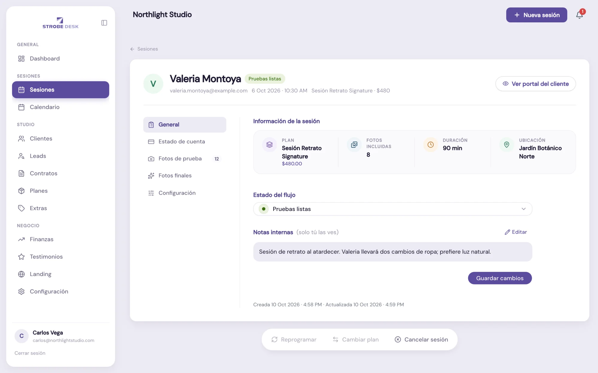 Detalle de una sesión en el panel de StrobeDesk: cliente, plan, estado del flujo y notas internas.