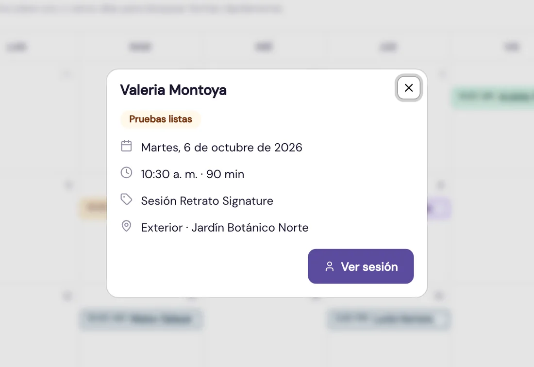Resumen rápido de una sesión sobre el calendario: estado, fecha, plan y ubicación.